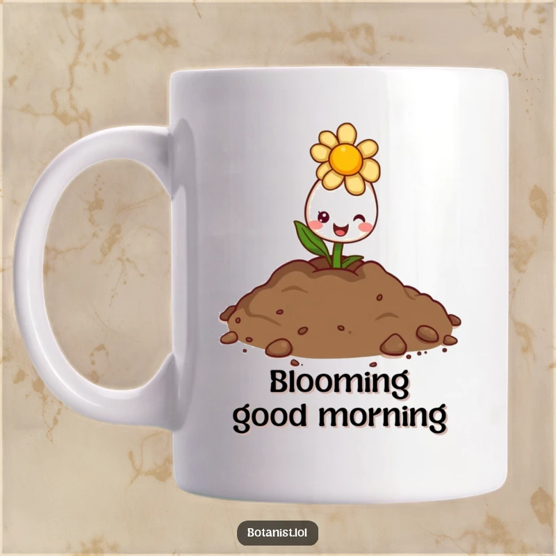 Funny mug illustration of a delighted flower bud peeking out of soil with a bright, sunny, and happy expression.