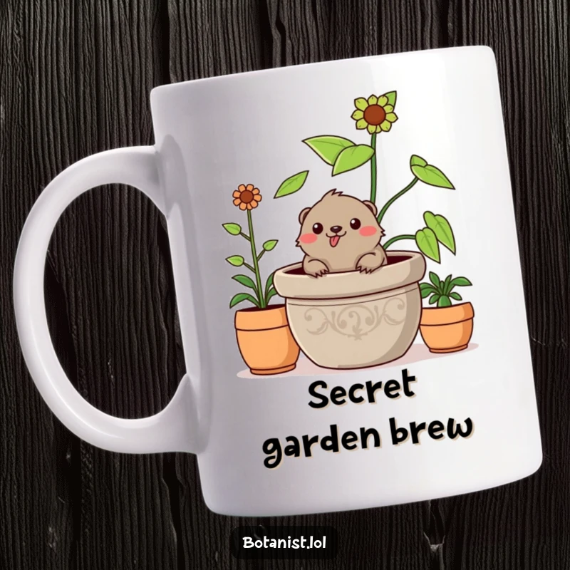 Funny cheerful mole mug, peeking from a giant potted plant, embodying garden joy and humor. A great gift.