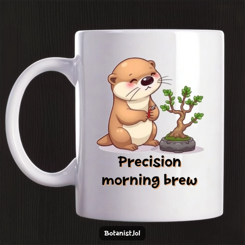 Funny otter bonsai mug, showing a diligent otter carefully pruning a small bonsai tree with expert precision, bringing smiles.