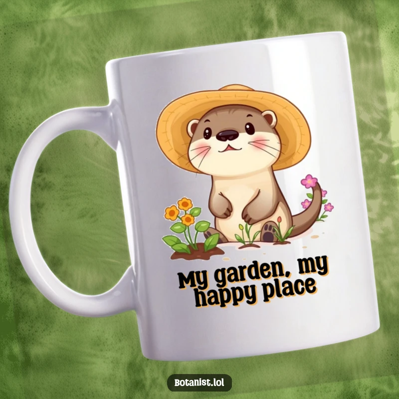 Funny mug showing a playful otter in a sunhat happily tending to a garden with great enthusiasm.