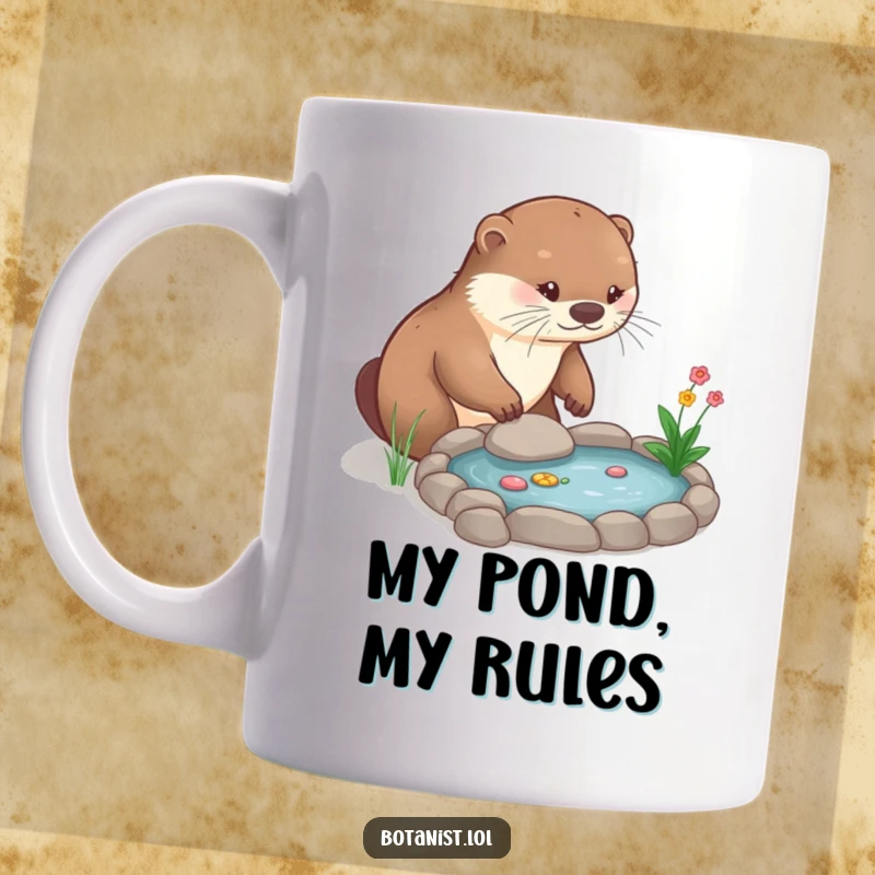 Funny Mug: A comical otter carefully waters plants in a miniature garden pond, looking utterly absorbed and happy.