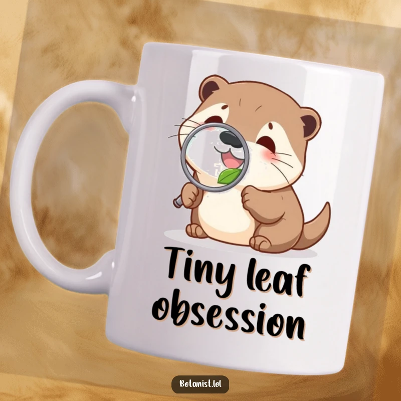 Funny delighted otter mug examining a tiny leaf with a magnifying glass, full of curiosity and humor.