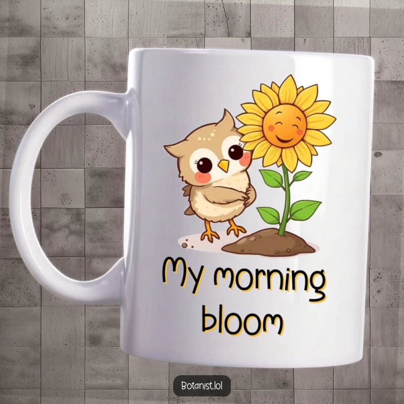 Funny Owl plants a tiny seed that instantly grows into a laughing sunflower, making this mug a cheerful and whimsical gift.