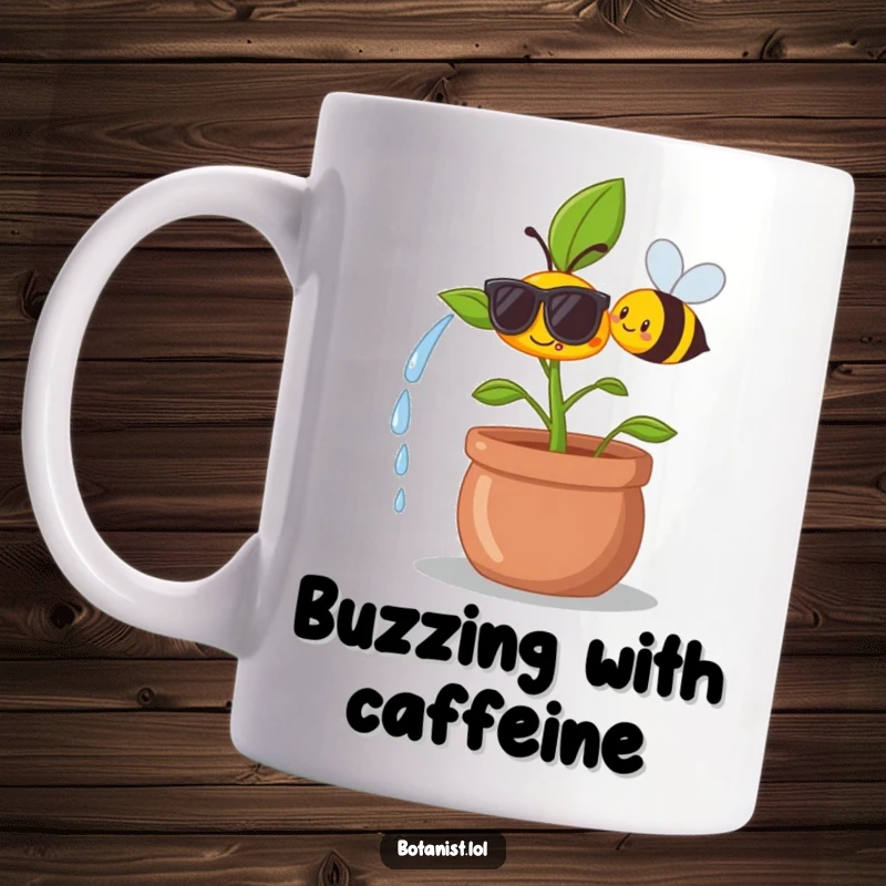 Funny mug illustration of a happy plant sporting tiny sunglasses while a smiling bee waters it with a tiny watering can.