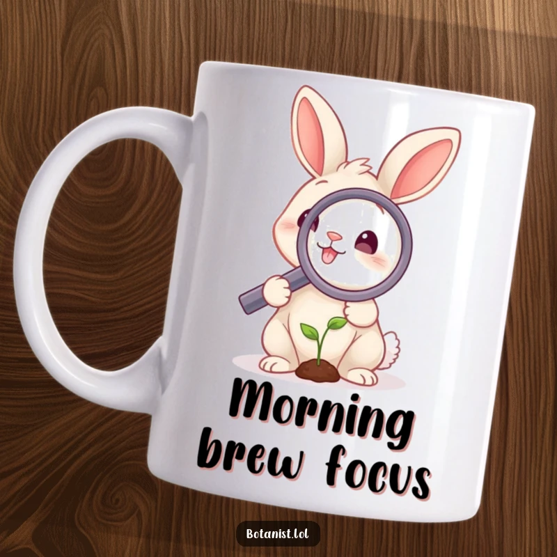 Funny coffee mug featuring a smiling rabbit holding a giant magnifying glass, closely examining a minuscule sprout with great interest.