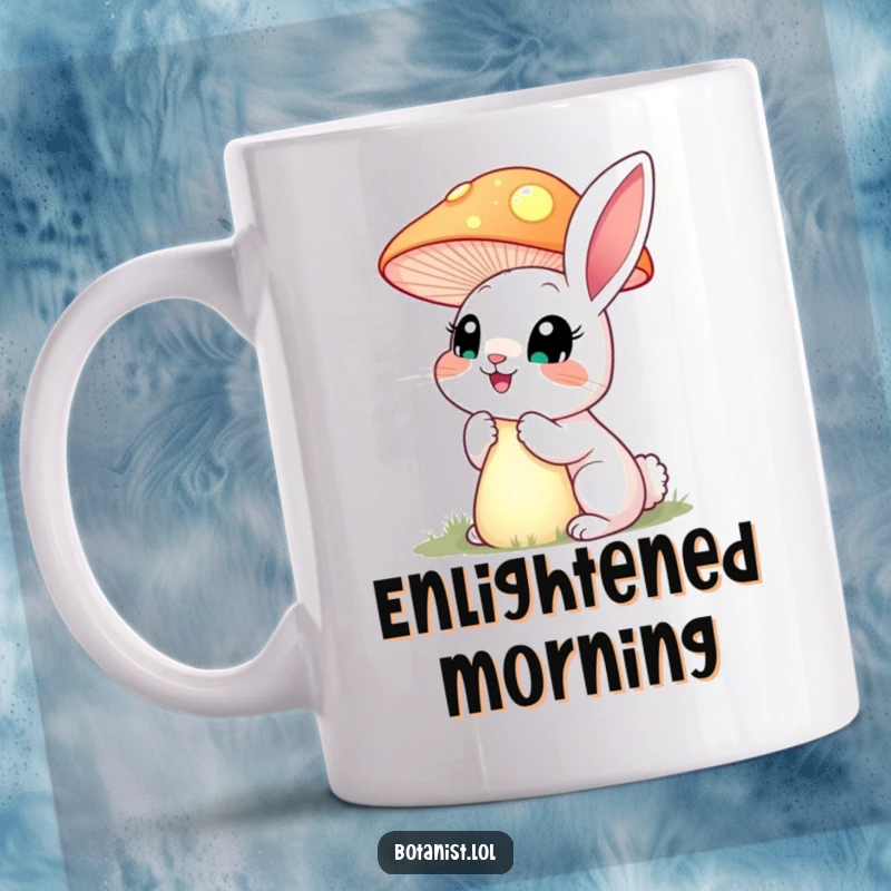 Funny, happy rabbit with wide eyes, inspecting a towering, glowing mushroom on a coffee mug.