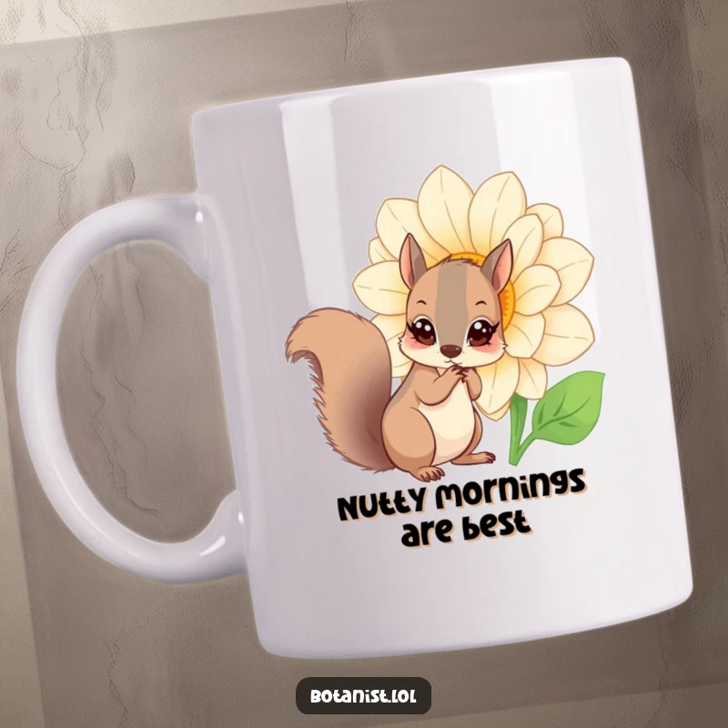 Funny squirrel flower mug, a curious squirrel examining a giant blooming flower with wide eyes, capturing wonder and humor.