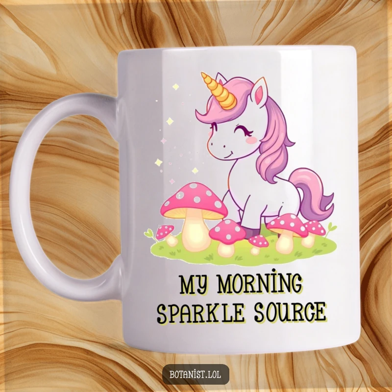 Funny Unicorn Mug sprinkling shimmering pixie dust onto a patch of brightly glowing, magical mushrooms, evoking wonder and delight.