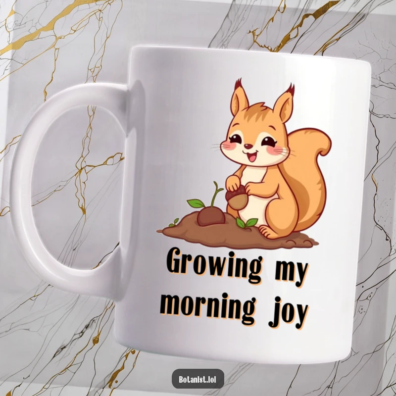 Funny cheerful squirrel with a proud smile, carefully planting a tiny acorn in the soil.