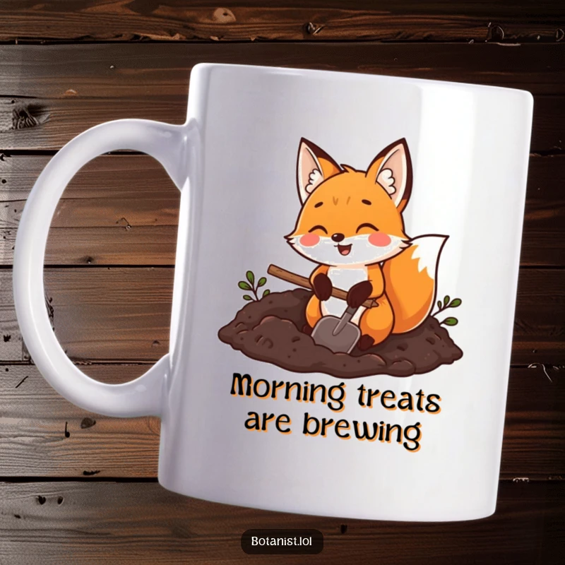 Funny fox gardener mug, a joyful fox holding a trowel, digging in rich dark soil, embodying outdoor happiness.