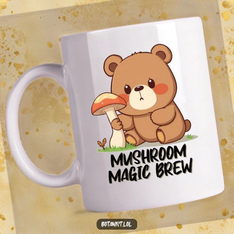 Funny mug featuring a surprised bear with a curious expression, inspecting an enormous mushroom in the forest, embodying playful discovery.