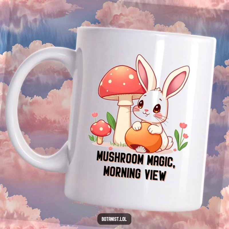 Funny mug featuring a rabbit with wide, amazed eyes admiring a large, brightly colored mushroom, a magical funny gift.