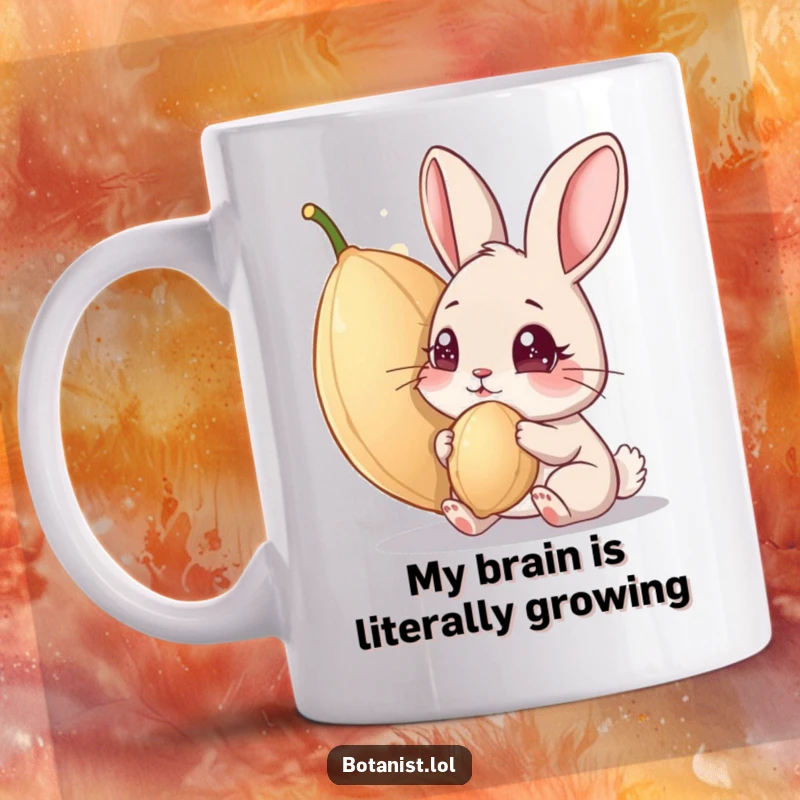 Funny mug with a curious rabbit staring wide-eyed at an oversized, sparkling seed, contemplating its potential. A whimsical and funny garden-themed gift.
