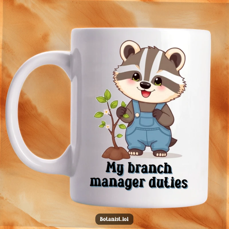 Funny badger mug with overalls pruning a tiny blossoming tree, showcasing diligent effort and cheerful garden humor.
