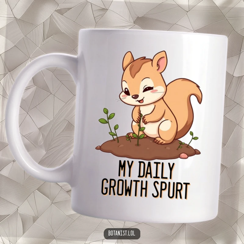 Funny squirrel gardener mug, enthusiastically planting seeds with a determined and cheerful expression, ready to sprout some joy and laughter.