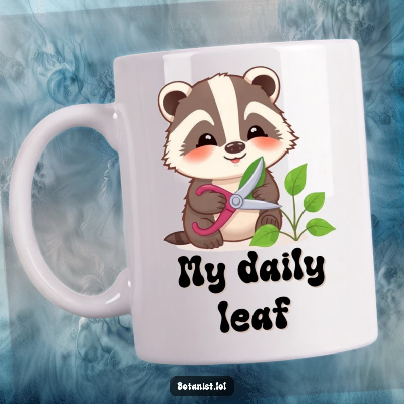 Funny smiling badger gently pruning a leaf with small shears, showcasing a calm and meticulous gardening moment.