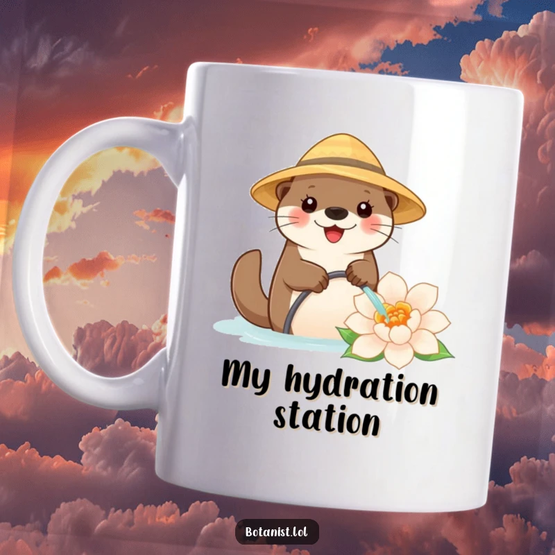 Funny mug showcasing a cheerful otter in a straw hat, diligently watering a massive, vibrant flower, embodying a peaceful gardening moment.