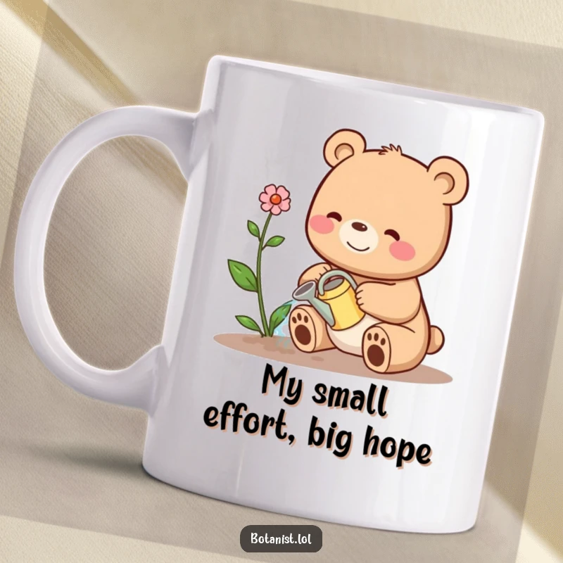Funny mug showing a happy bear tenderly watering a sad, wilting plant with a miniature watering can, a heartwarming funny gift.