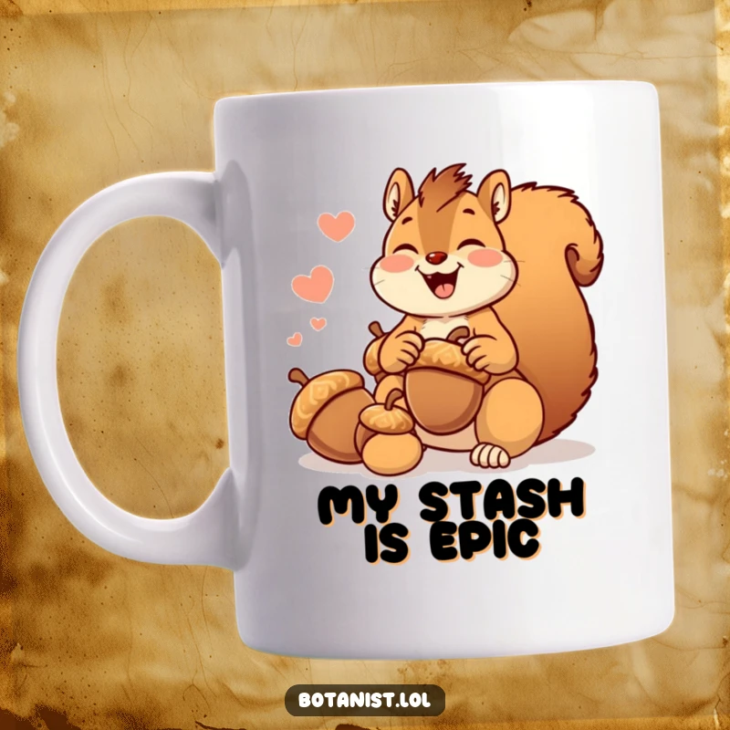 Funny giggling squirrel mug hoarding oversized acorns with pure joy, perfect humorous gift for any occasion.