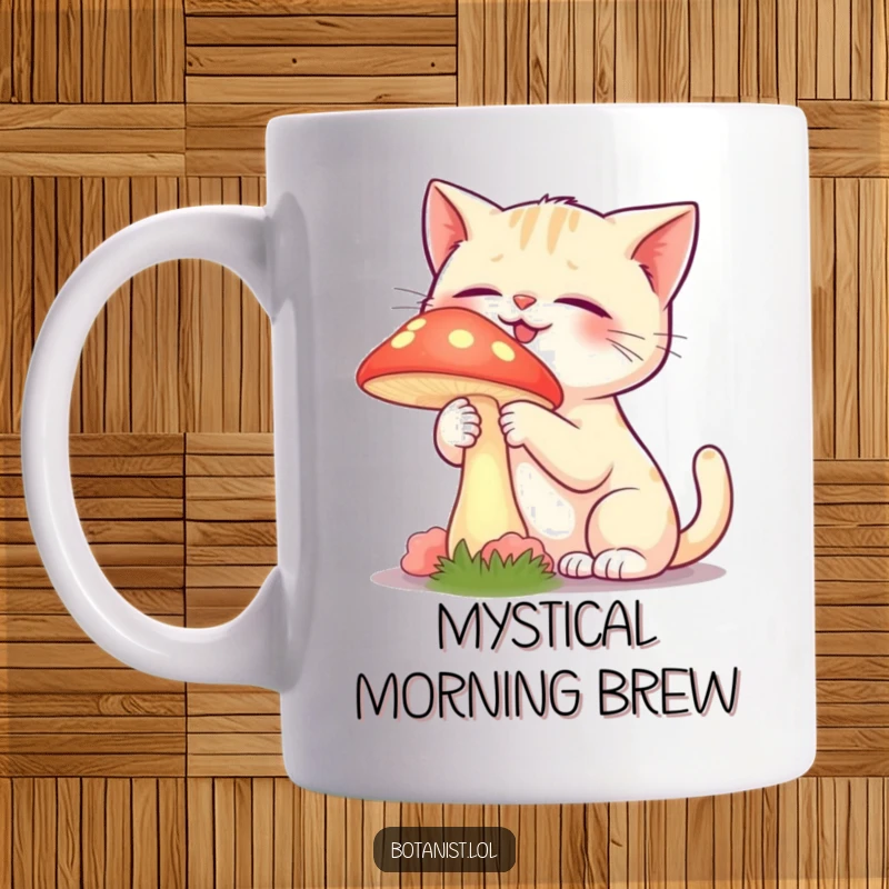 Funny mug depicting a giggling cat gently touching a vibrant, glowing mushroom with curiosity.
