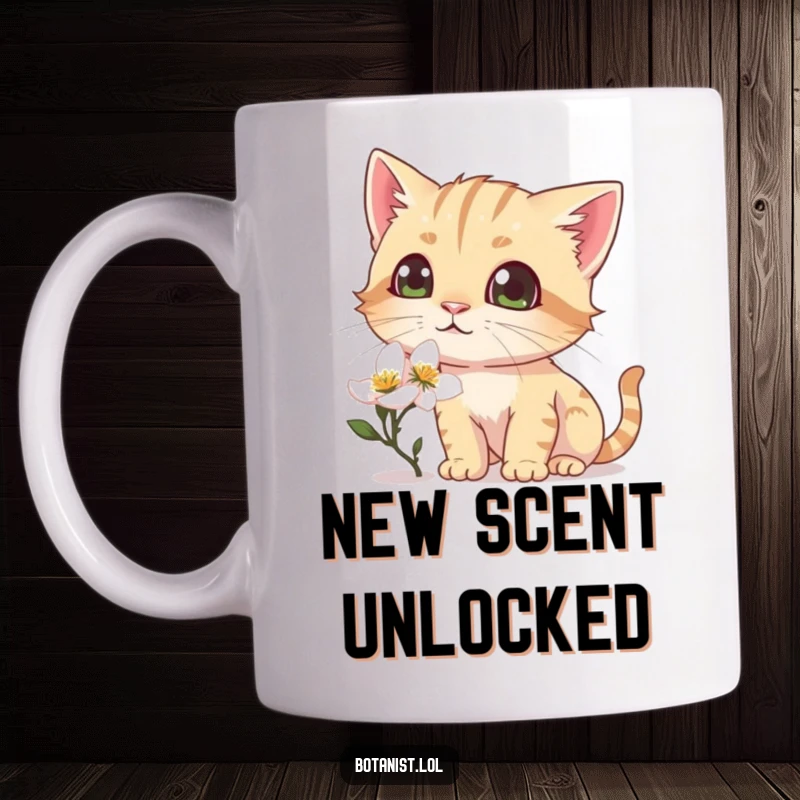 Funny mug with a curious cat sniffing a dewy blossom, eyes wide with pure delight and wonder.