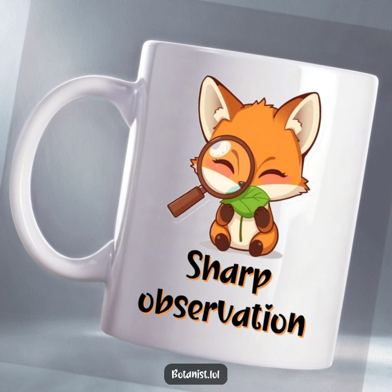Funny mug featuring a fox peering through a magnifying glass at a dewdropped leaf, showcasing curiosity and attention to detail.