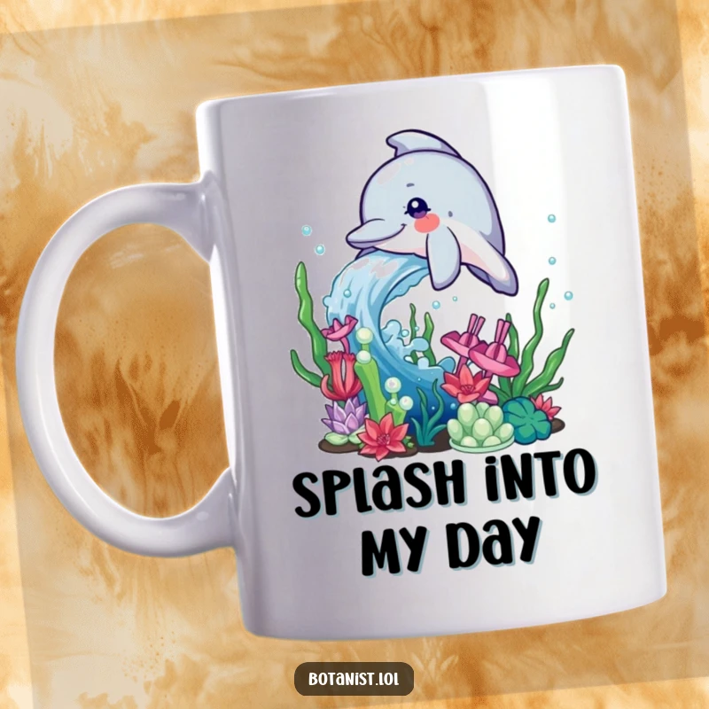 Funny Dolphin Mug depicting a happy dolphin playfully splashing water onto a lush collection of colorful aquatic plants, underwater scene.