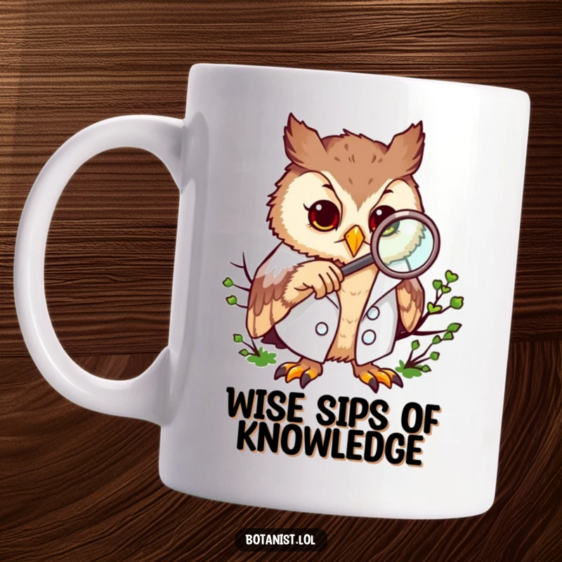 Funny owl in a lab coat peering through a magnifying glass at moss, embodying scientific curiosity.