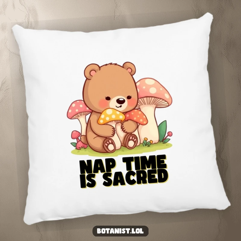 Funny bear cub mushroom pillow, showing a contented cub tending oversized mushrooms, perfect for cozying up with a smile.