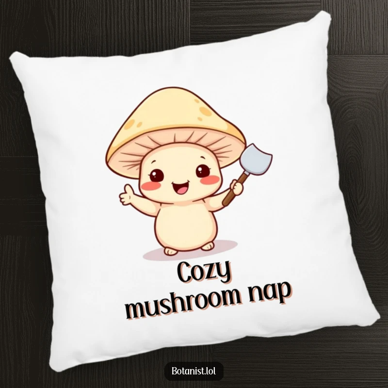 Funny pillow illustration of a cheerful mushroom wearing a hat and holding a tiny trowel, bringing garden vibes.