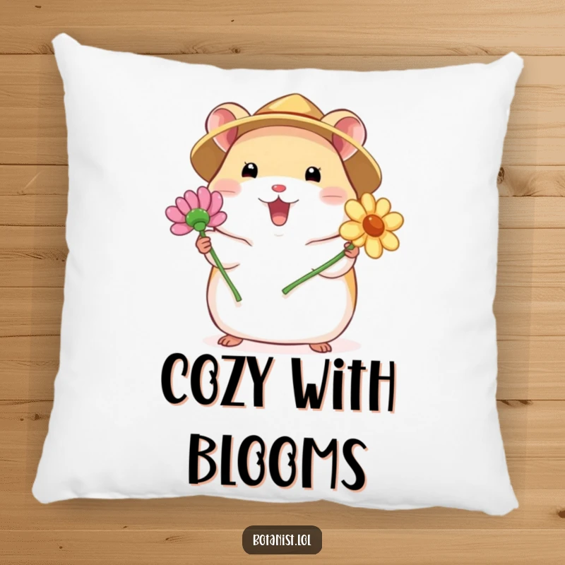Funny pillow featuring a chubby hamster in a straw hat, excitedly presenting a blooming flower, offering comfort with a cheerful, natural touch.