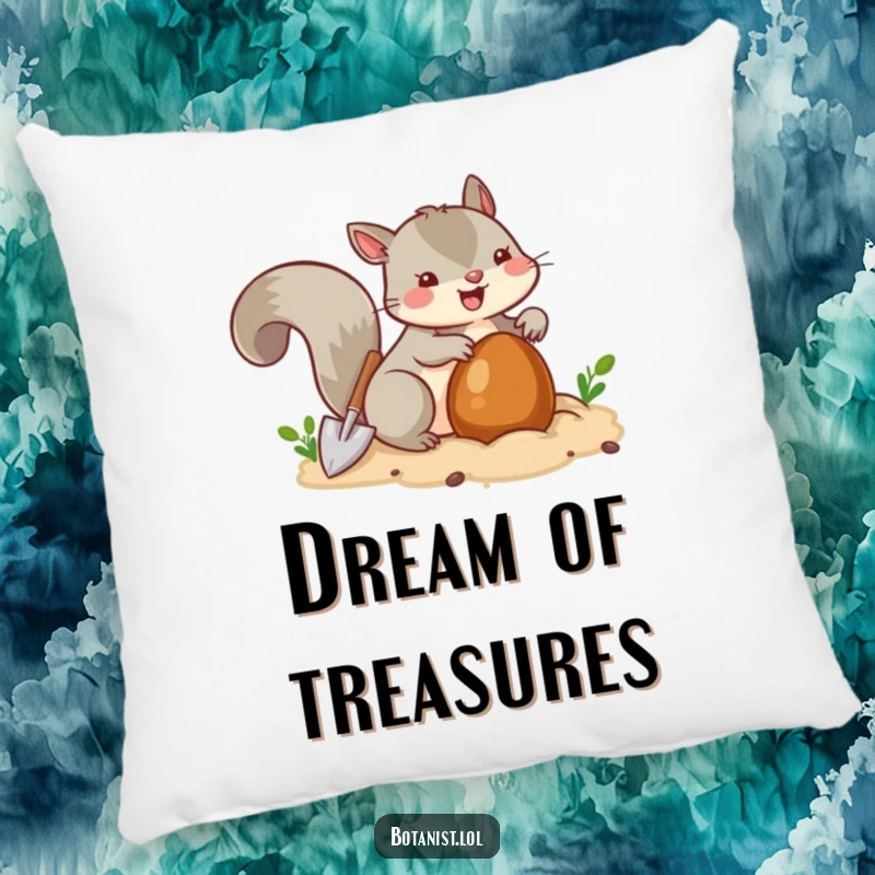 Funny squirrel burying a nut with a tiny shovel, a soft and decorative pillow for comfort.
