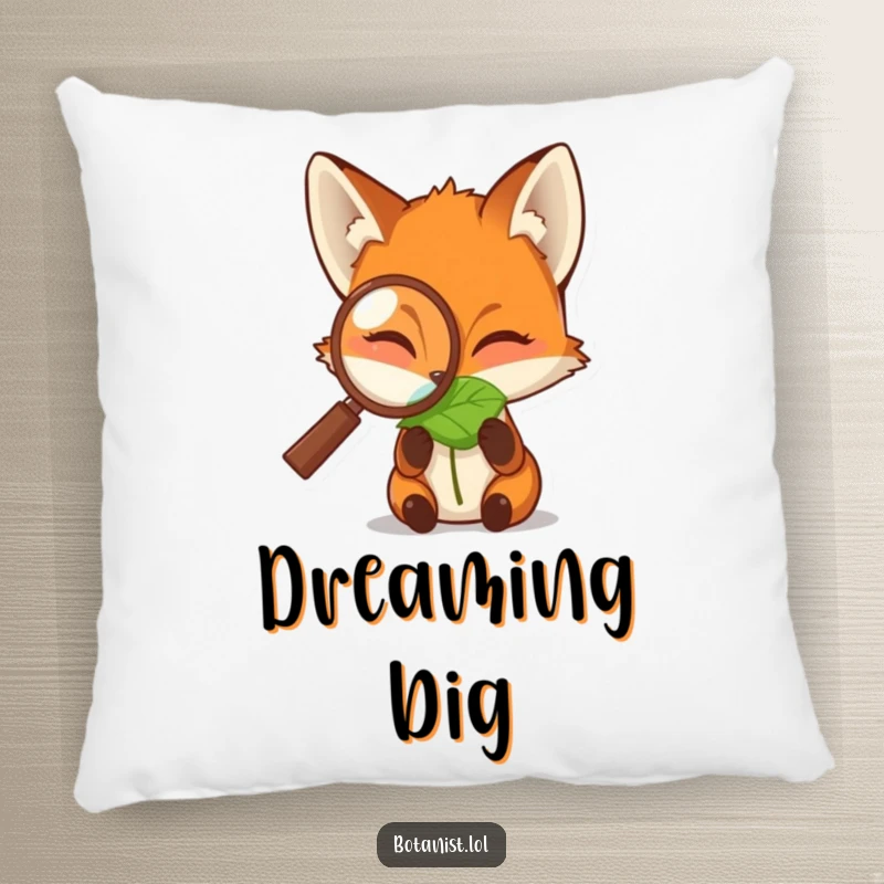 Funny pillow featuring a fox peering through a magnifying glass at a dewdropped leaf, offering comfort with a curious and humorous touch.