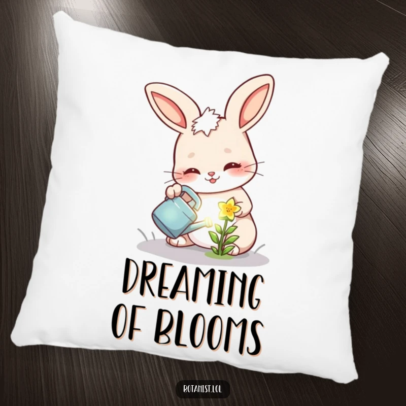 Funny pillow with a cheerful bunny determinedly watering a tiny, radiant flower, bringing a peaceful glow.