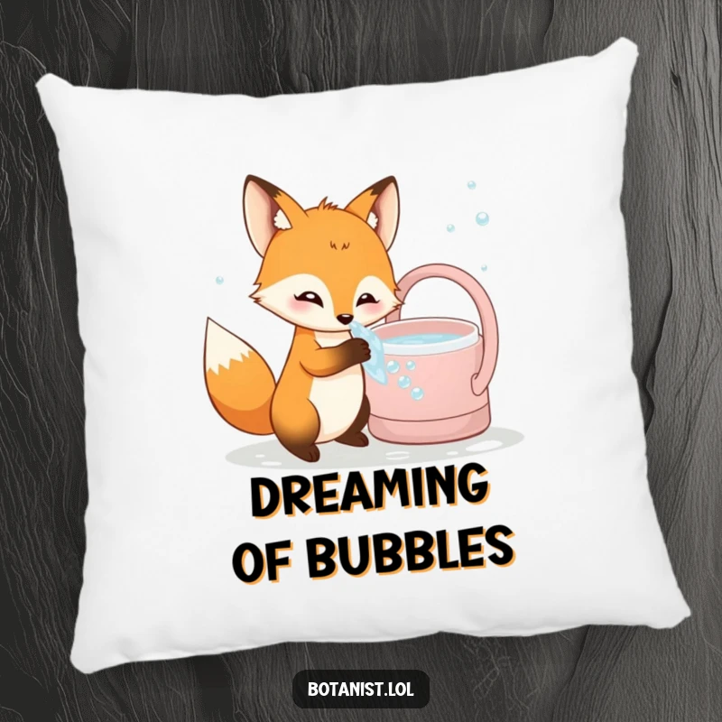 Funny curious fox pillow, dipping paw into bubbly water, providing soft comfort and playful humor.
