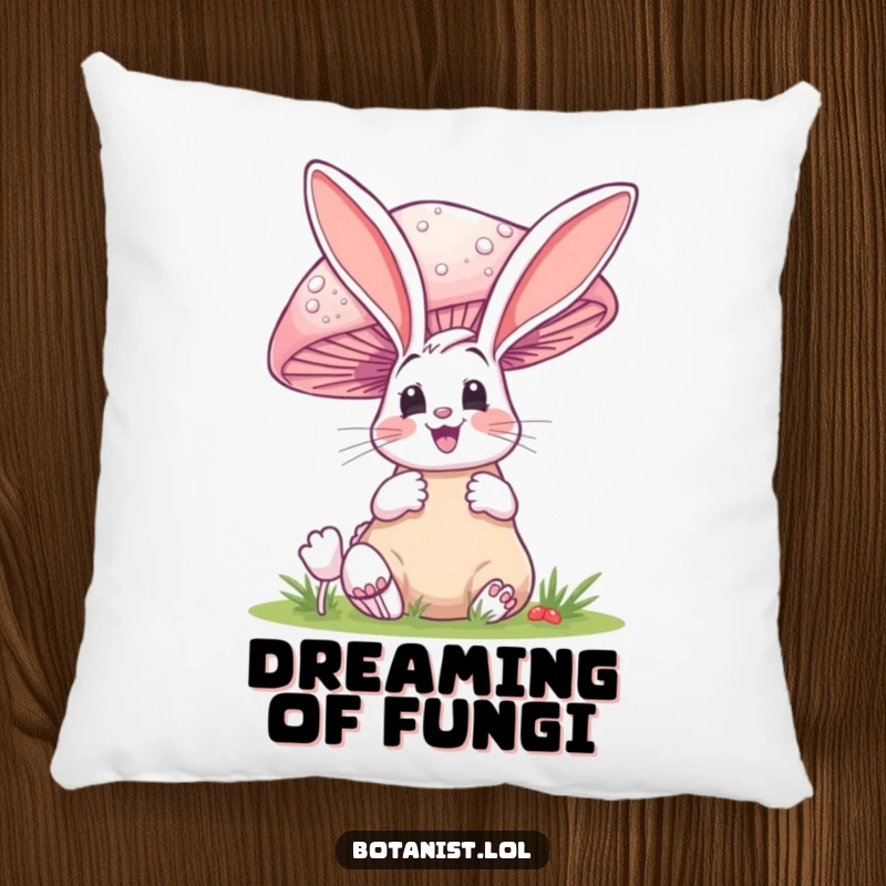 Funny pillow with a happy bunny looking up in delight at a spectacularly large mushroom.