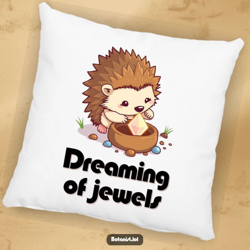 Funny hedgehog pillow showing a determined hedgehog digging for a sparkling gem in a pot, a cute and humorous accent piece.