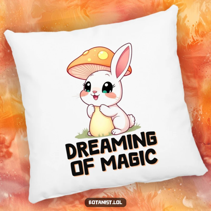 Happy, funny rabbit with wide eyes, inspecting a towering, glowing mushroom, offering plush comfort and magic on a pillow.