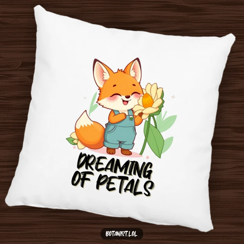 Funny fox gardener pillow with a cute fox in overalls looking up in wonder at a gigantic flower, soft and inviting.