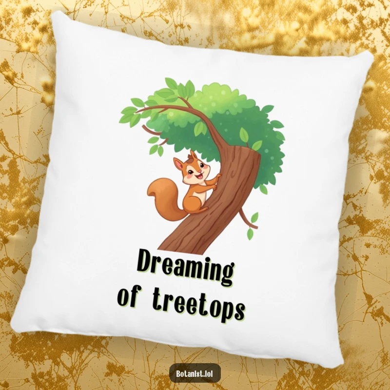 Funny pillow featuring a giggling squirrel climbing a tall tree, offering comfort and a touch of playful adventure decor.