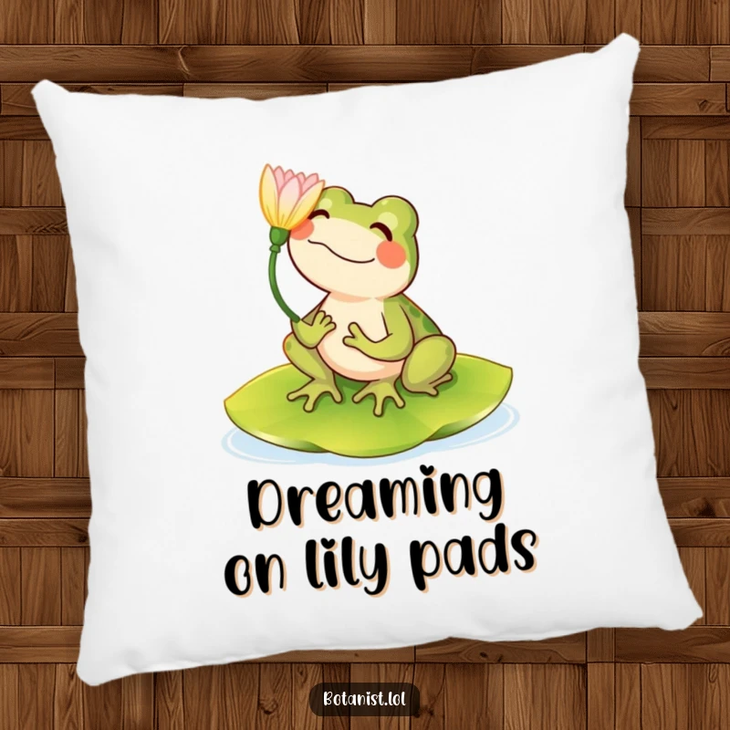 Funny pillow showcasing a happy frog on a lily pad, admiring a beautiful flower with a serene expression.