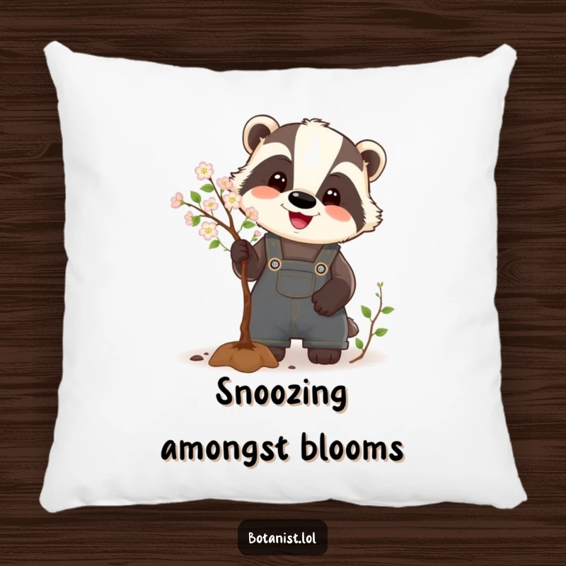 Funny Badger Pillow featuring a happy badger in overalls, humorously pruning a tiny tree, providing comfort and a splash of playful decor.