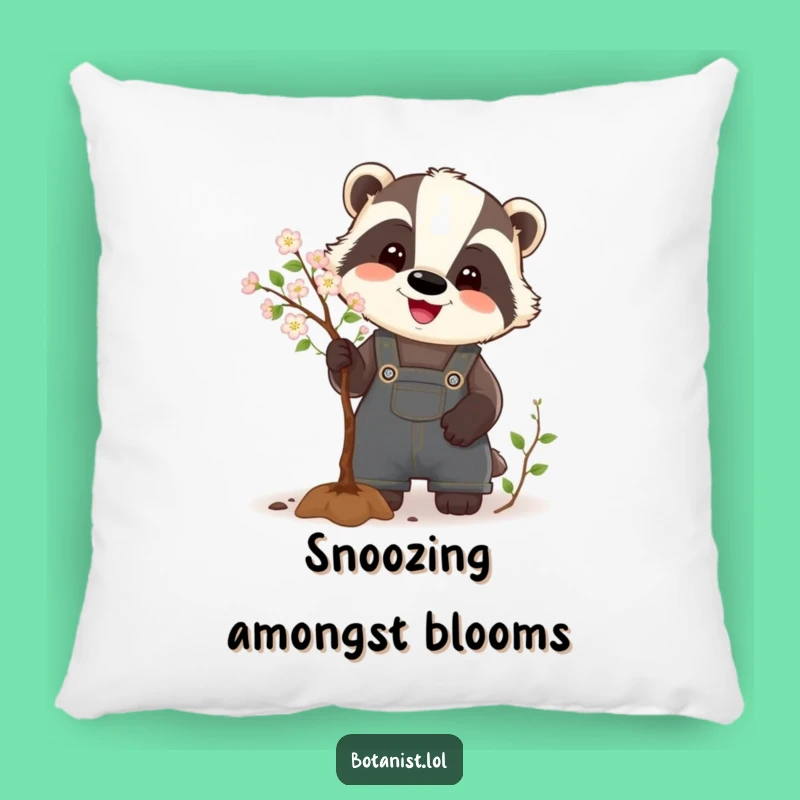 Funny Badger Pillow: Cozy Comfort with a Happy Gardener Pruning a Tree
