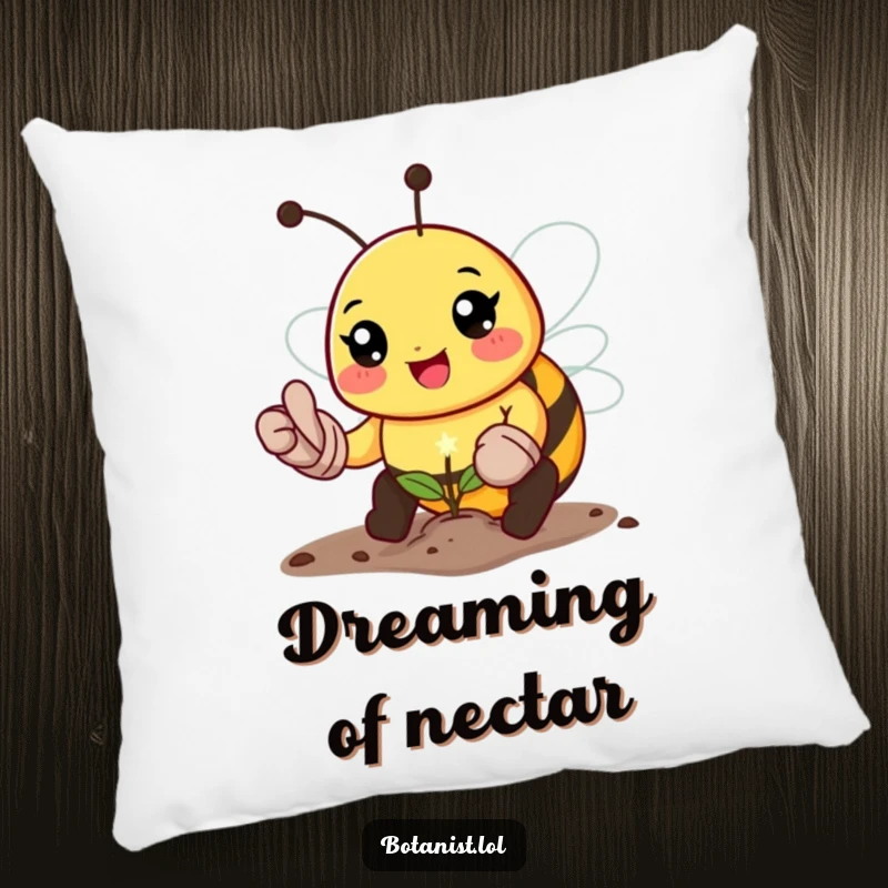 Funny bee gardener pillow, showing a happy bee in gardening gloves planting a sparkling seed, adding comfort and humor.