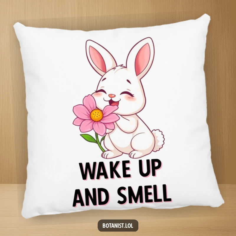 Funny pillow showcasing a giggling bunny delightedly smelling a huge, vibrant flower, radiating pure bliss.