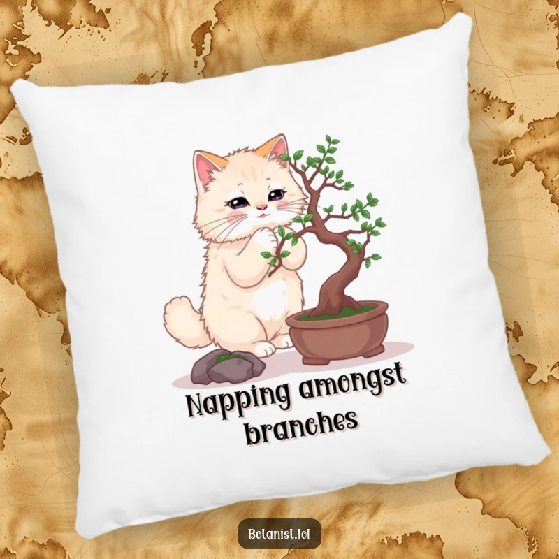 Funny pillow showcasing a fluffy cat delicately pruning a bonsai tree, embodying focused relaxation.