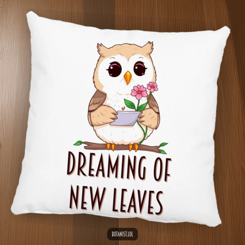 Funny pillow featuring a curious owl artist sketching a rare plant with a notepad, offering both comfort and a touch of creative decor.