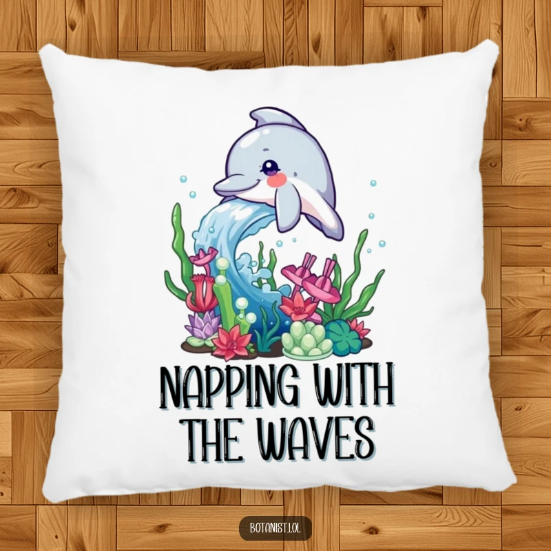 Funny Dolphin Pillow design of a playful dolphin splashing water onto aquatic plants, adding a touch of ocean magic to any room.