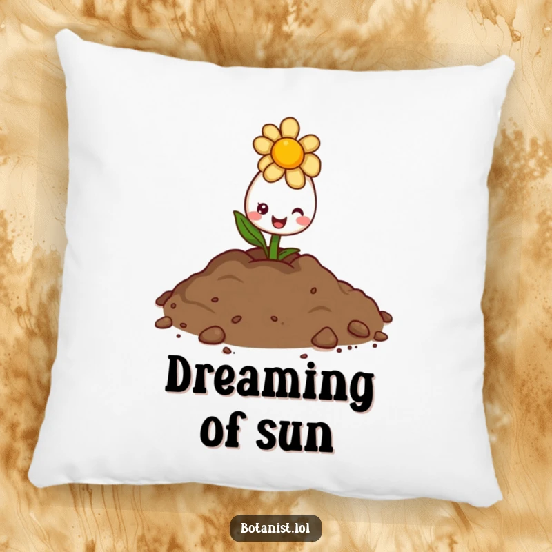 Funny pillow illustration of a delighted flower bud peeking from soil with a sunny and cheerful expression.