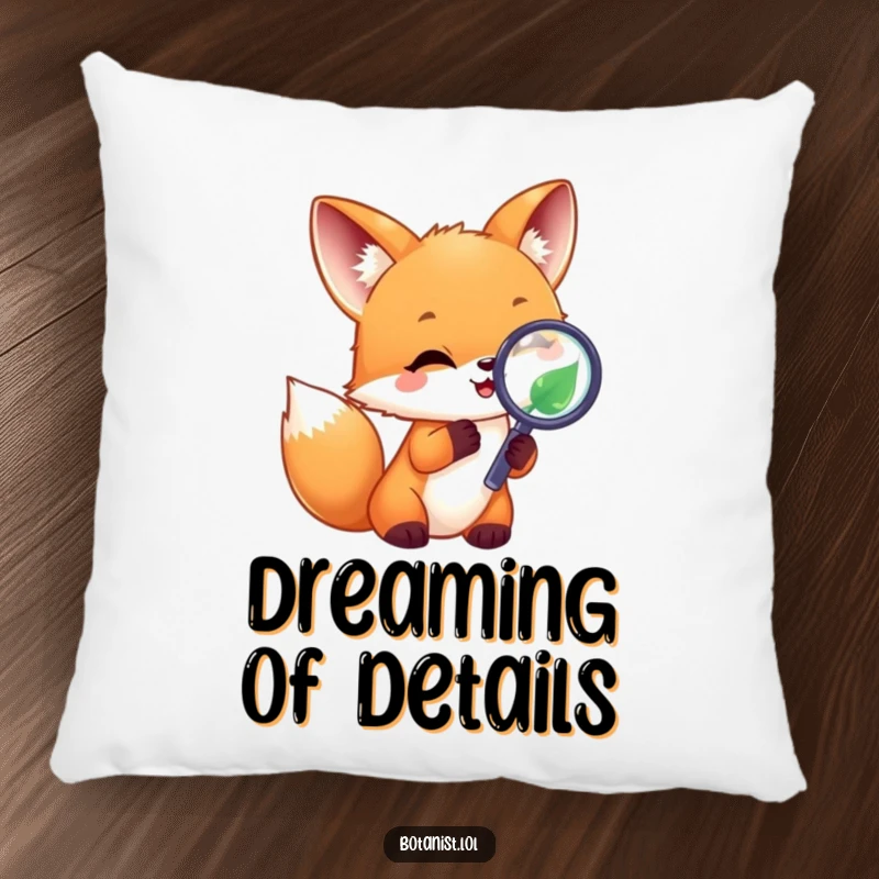 Funny joyful fox cub with a magnifying glass on a leaf, a comfortable and humorous decorative pillow. Ideal gift.